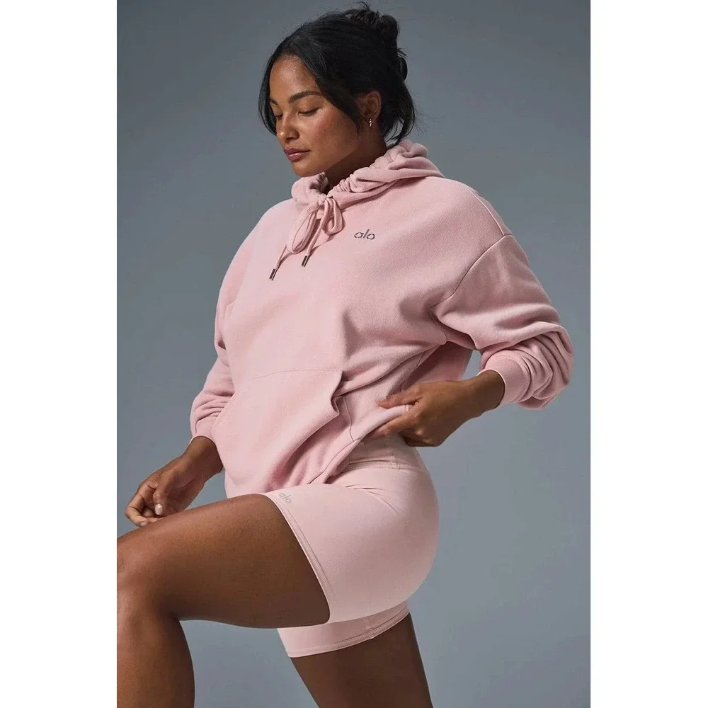 Alo Yoga Accolade Hoodie Pullover Drawstring Fleece Cotton Pink $148rt sz L